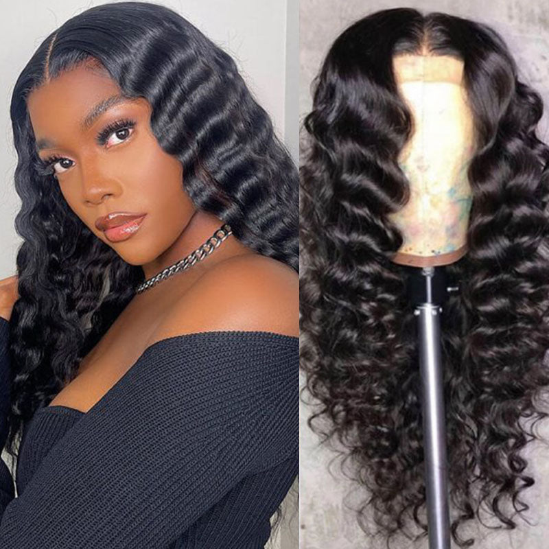 Wesface Loose Deep Wave 4x4 Lace Closure Wig Natural Black Human Hair Wig