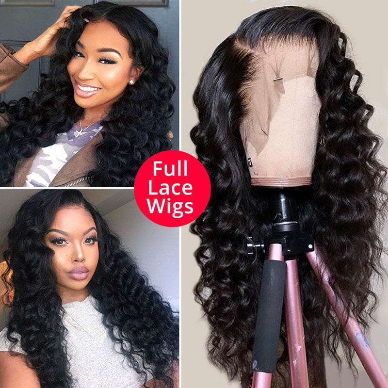 Wesface Hair Loose Deep Wave Full Lace Wig Natural Black Human Hair Wig
