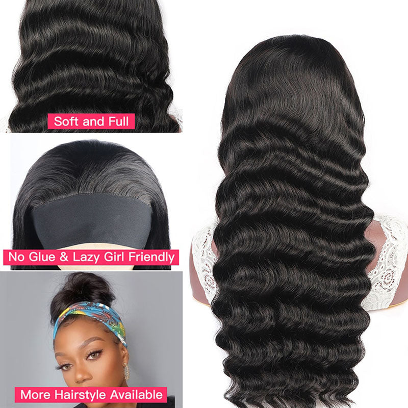 Wesface Loose Deep Wave Headband Wig Natural Black Human Virgin Hair For Women 180% Density