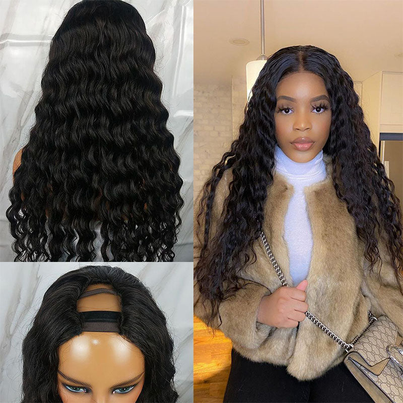 Wesface Loose Deep Wave U Part Wig Natural Black Human Virgin Hair For Women 180% Density