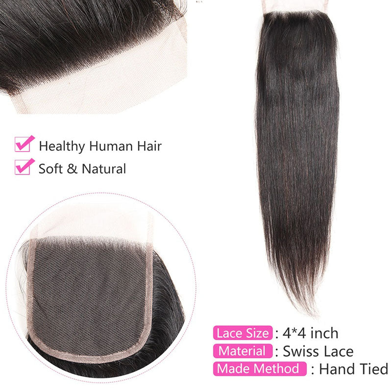 Wesface Straight 1 Pcs 4x4 Lace Closure Natural Black Human Virgin Hair