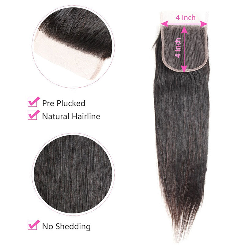 Wesface Straight 1 Pcs 4x4 Lace Closure Natural Black Human Virgin Hair