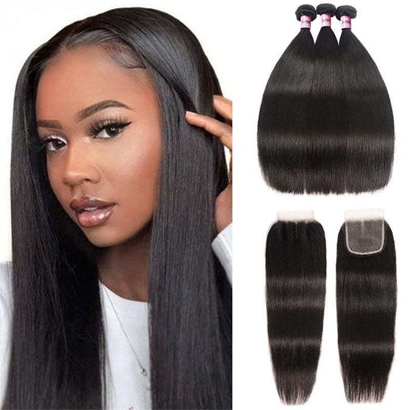 Wesface Straight 3 Pcs Bundles Hair Weft With 4x4 Lace Closure Human Hair