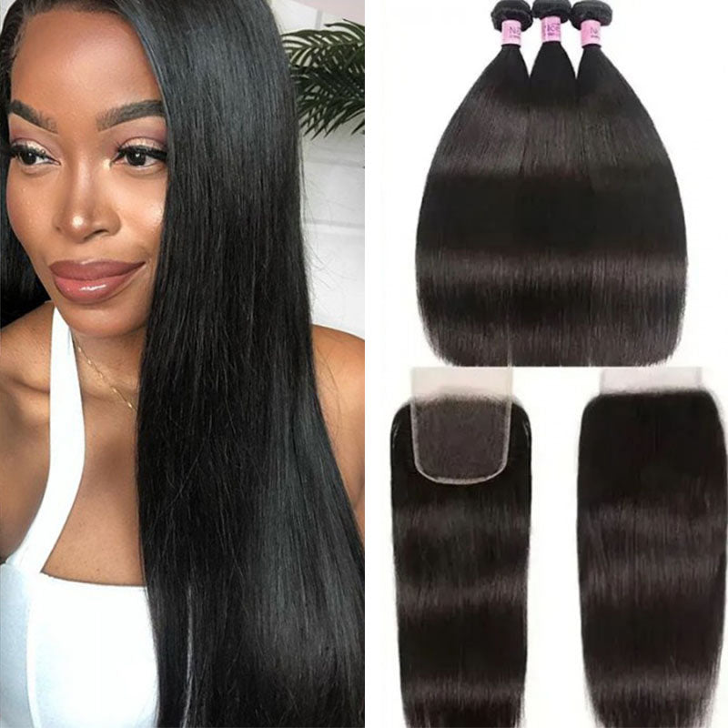 Wesface Straight 3 Pcs Bundles Hair Weft With 4x4 Lace Closure Human Hair