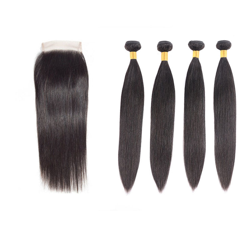 Mechones de cabello humano Wesface Straight de 4 piezas con cierre de encaje 4x4