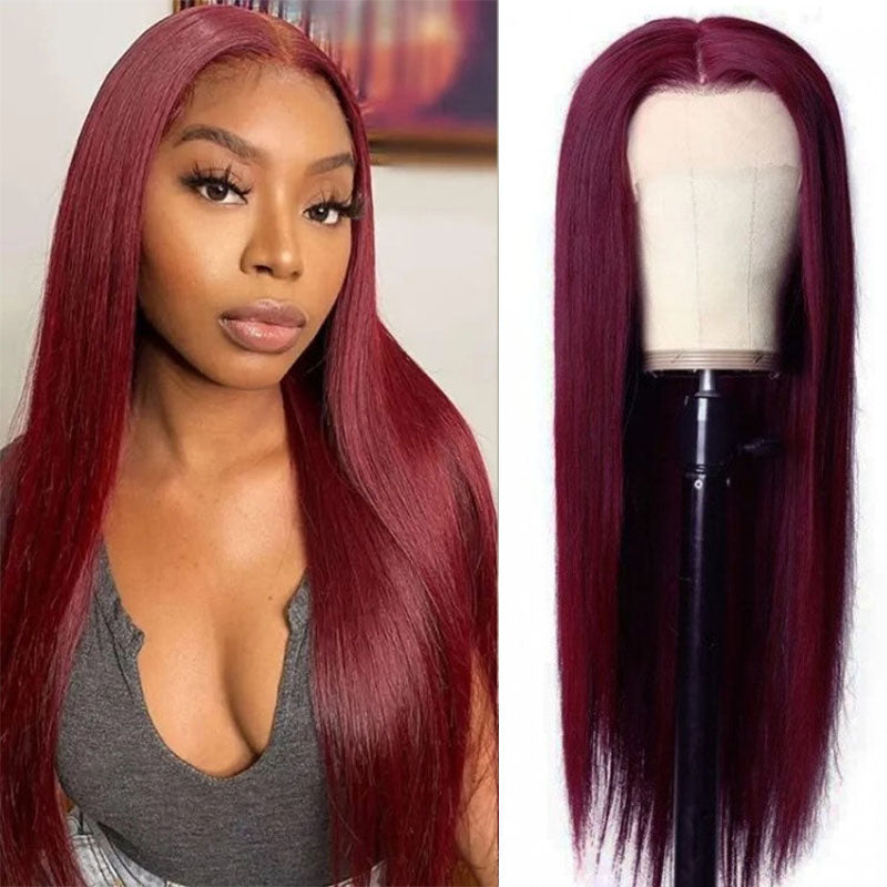 Peluca de cabello humano Wesface liso color burdeos 99J 13x4 con encaje frontal