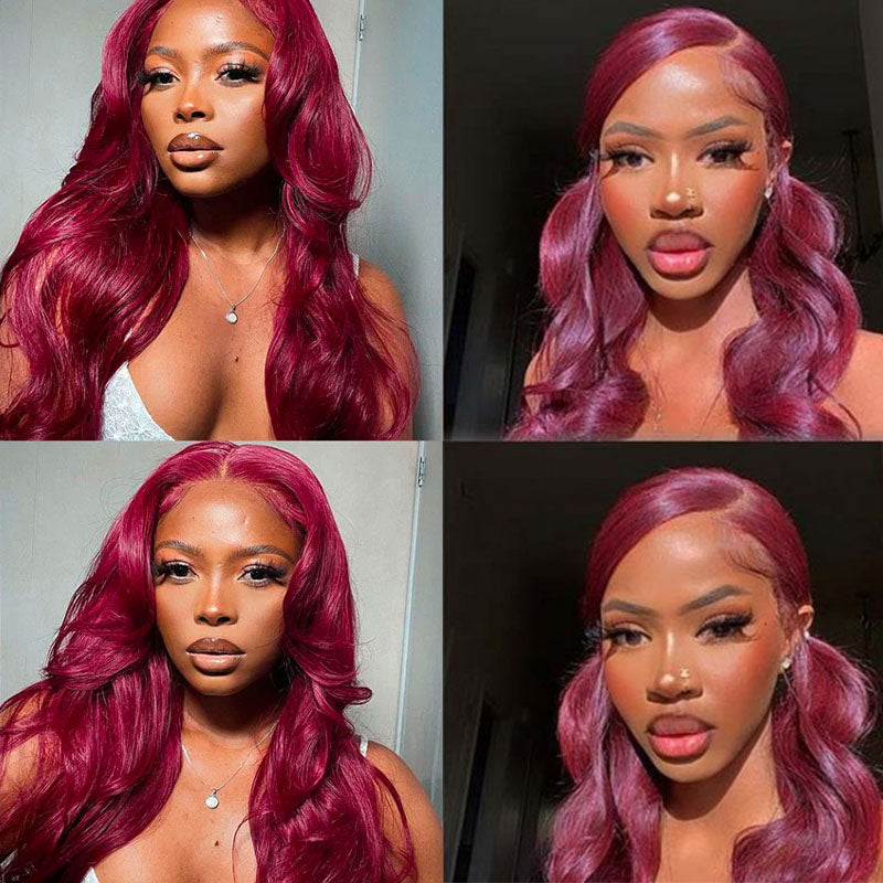 Peluca de cabello humano Wesface liso color burdeos 99J 13x4 con encaje frontal