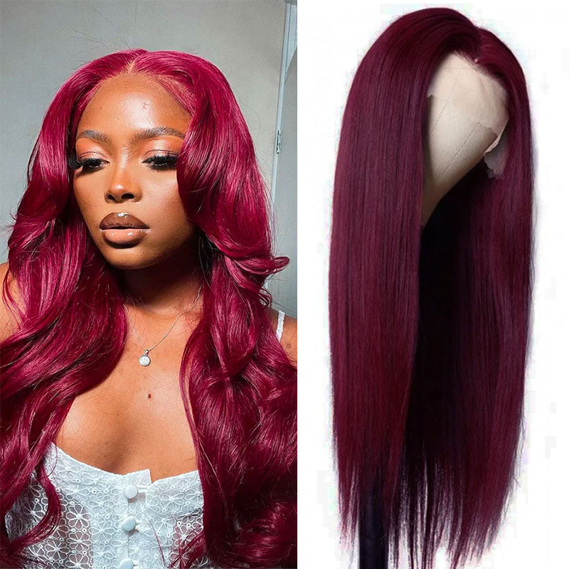 Peluca de cabello humano Wesface liso color burdeos 99J 13x4 con encaje frontal