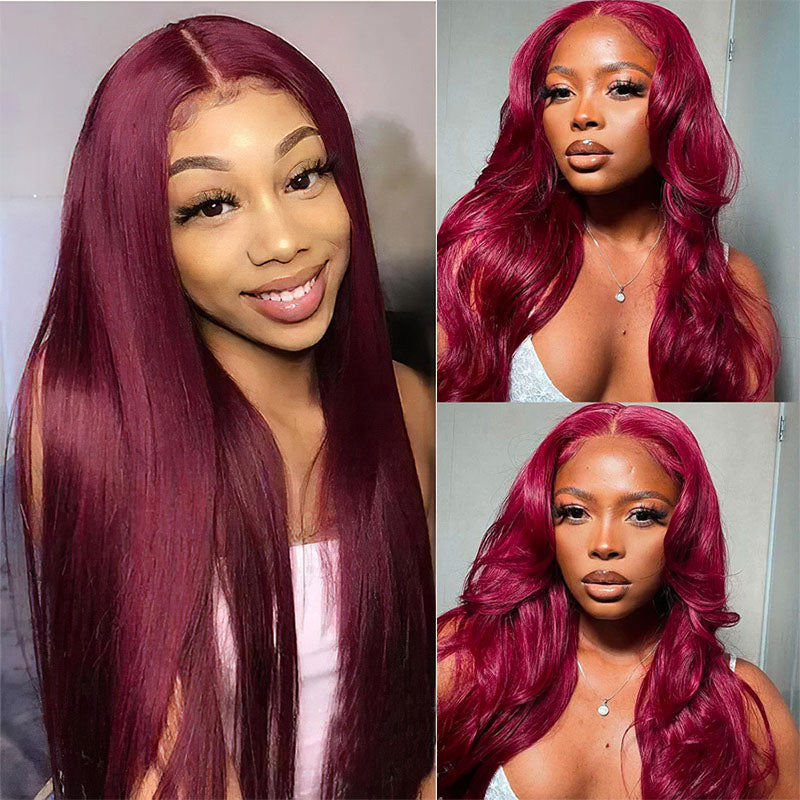 Peluca de cabello humano Wesface liso color burdeos 99J 13x4 con encaje frontal