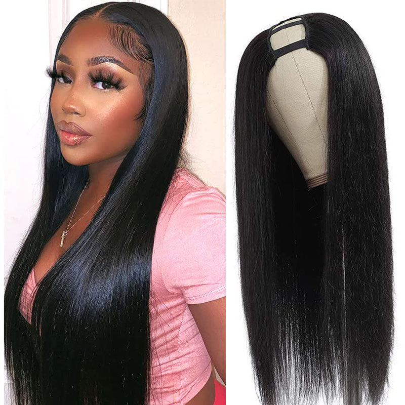 Wesface Straight U Part Wig Natural Black Human Hair Wig For Women 180% Density