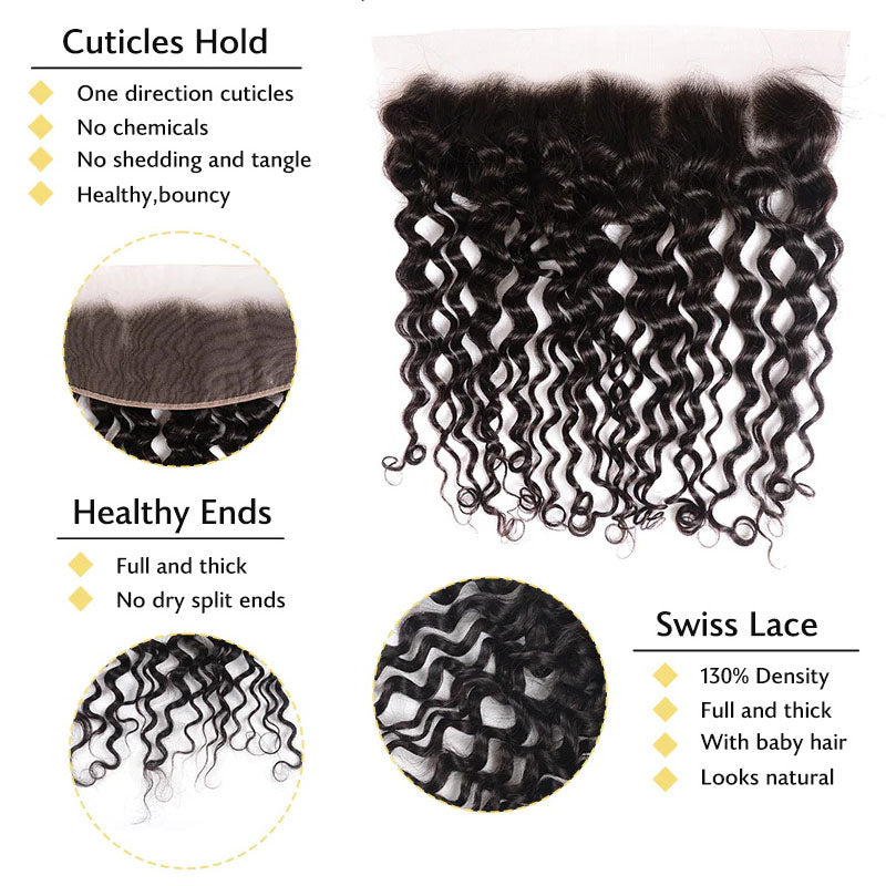 Trama de cabello con ondas al agua de 3 mechones de Wesface con encaje frontal de 13 x 4, color negro natural