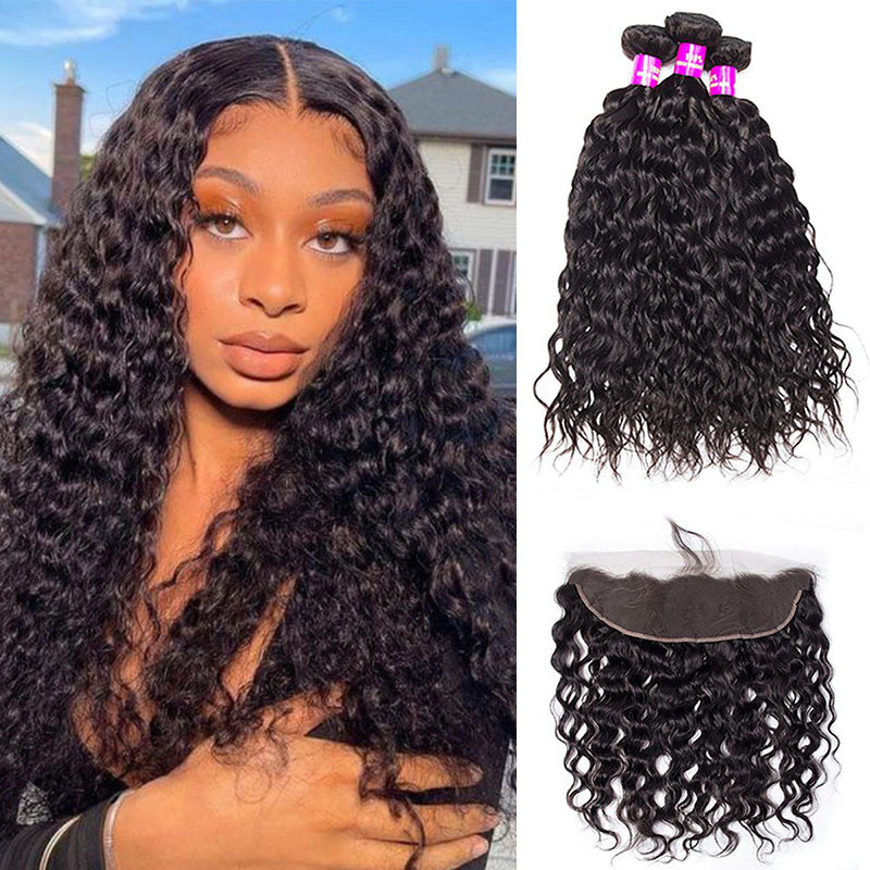 Wesface Water Wave 3 Bundles Hair Weft With 13x4 Lace Frontal Natural Black