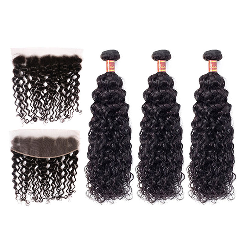 Trama de cabello con ondas al agua de 3 mechones de Wesface con encaje frontal de 13 x 4, color negro natural