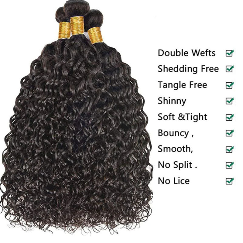 Wesface Water Wave 3 Bundles Hair Weft With 4x4 Lace Closure Natural Black