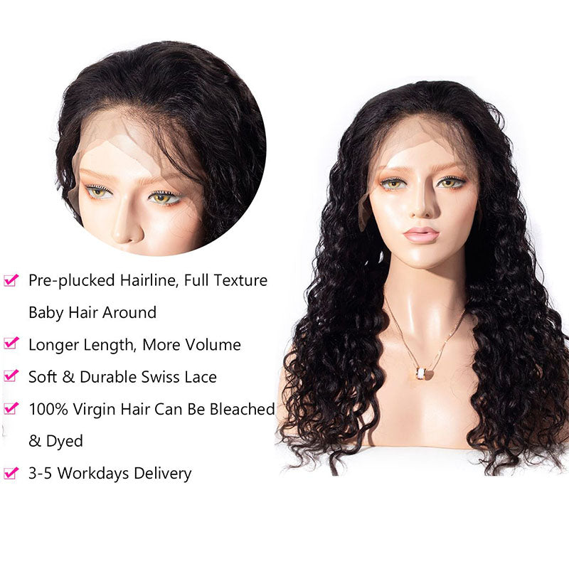 Wesface Water Wave 360 Lace Frontal Wig Natural Black Human Hair Wig