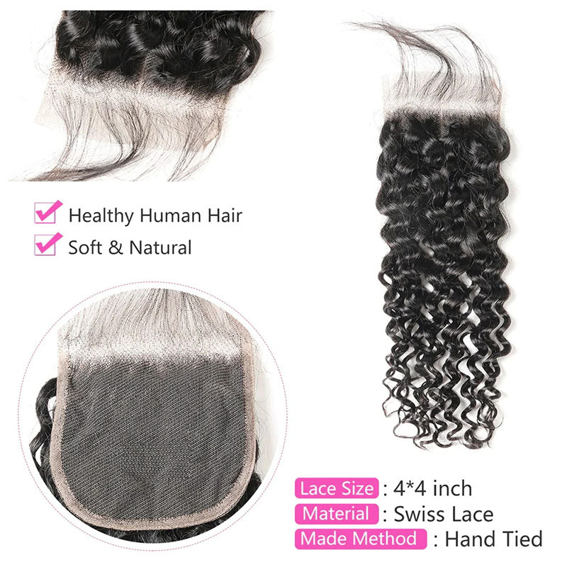 Trama de cabello Wesface Water Wave de 4 paquetes con cierre de encaje 4x4, color negro natural