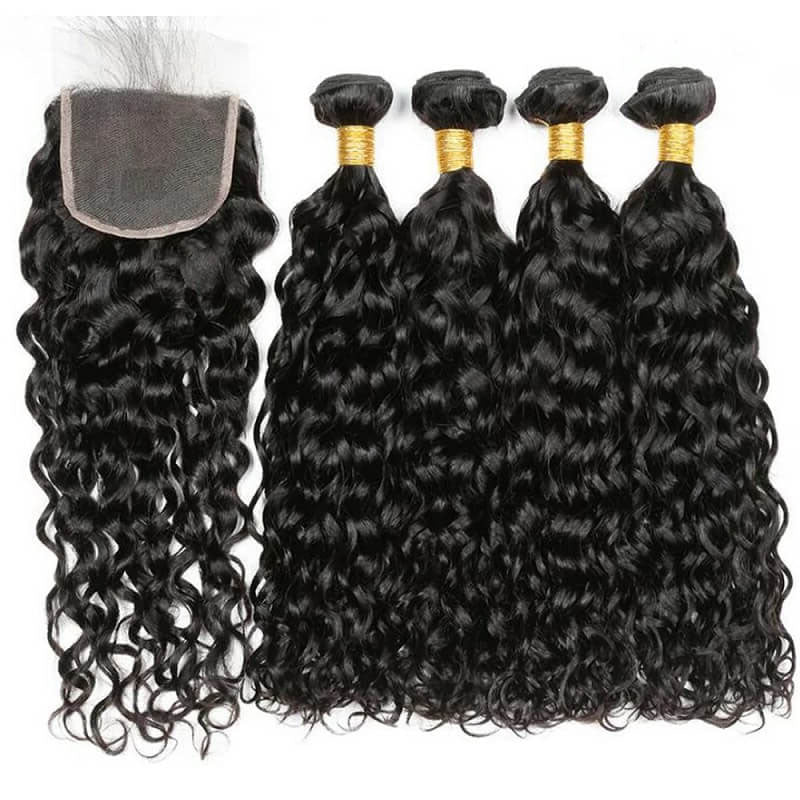 Trama de cabello Wesface Water Wave de 4 paquetes con cierre de encaje 4x4, color negro natural