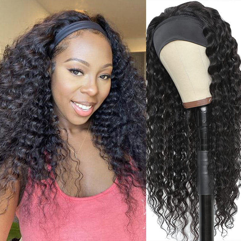 Peluca de cabello humano negro natural con diadema con ondas al agua de Wesface