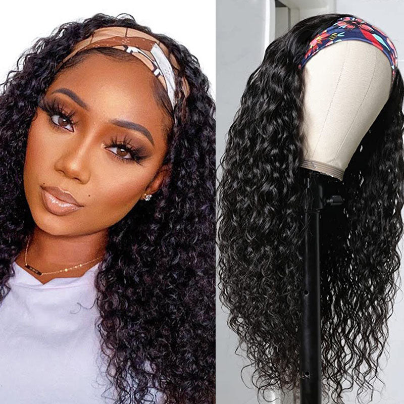 Peluca de cabello humano negro natural con diadema con ondas al agua de Wesface