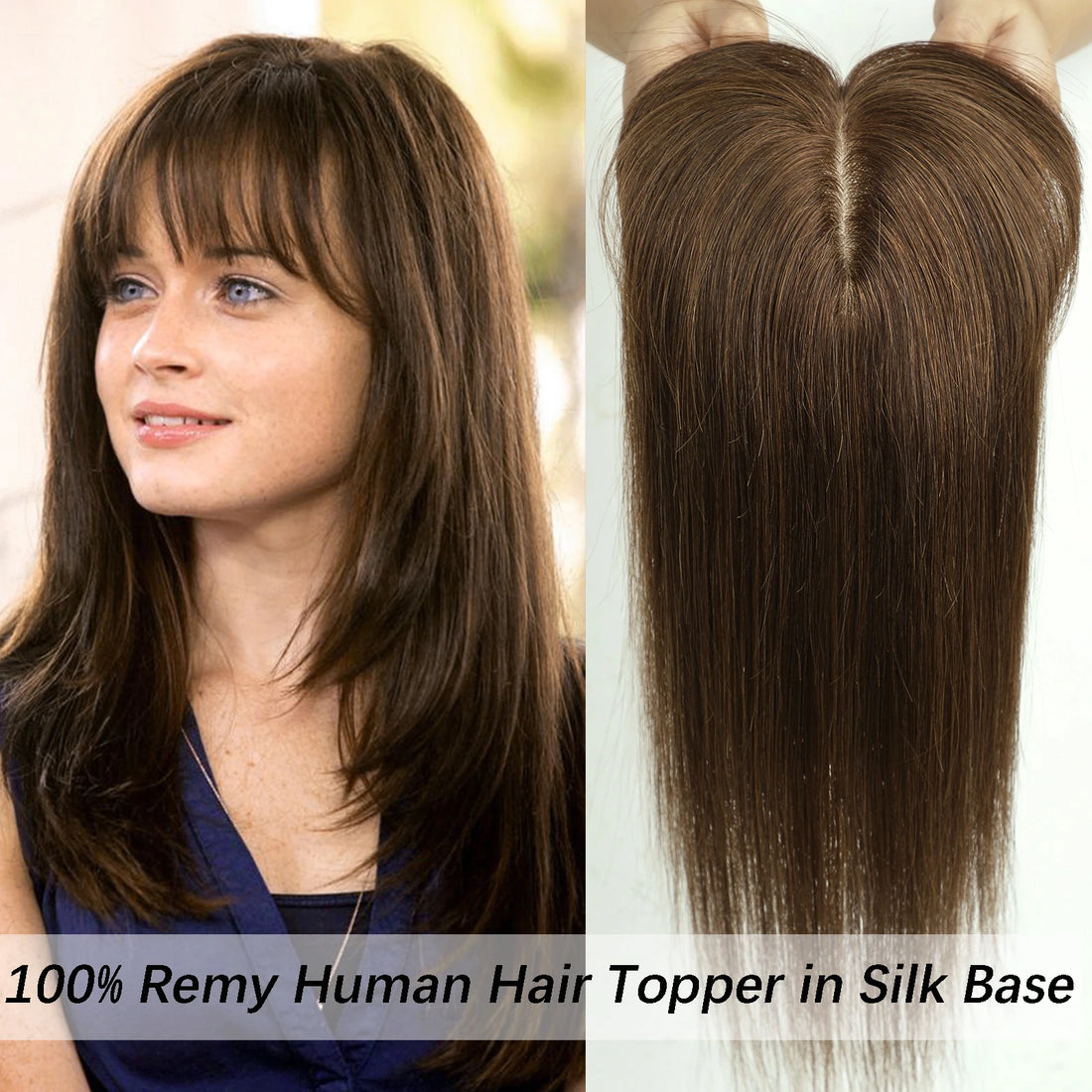 Dark Brown Human Hair Toppers with Bang 100% Remy Human Hair Piece for Women Thining Hair Silk Base Clip in Topper