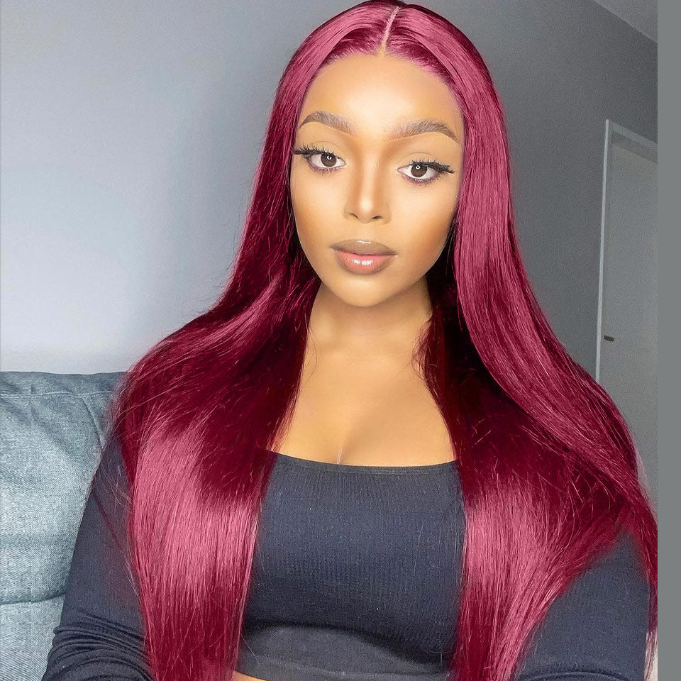 Burgundy 99J Straight Pre-cut 9x7 HD Lace Pre-Bleached Tiny Knots Pre-Plucked Natural Hairline Glueless Wig