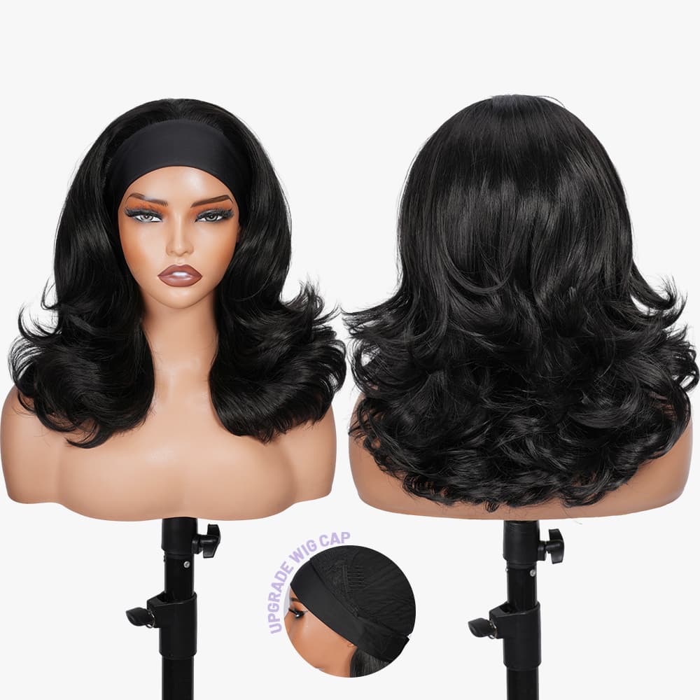 Wigaga Headband Wig for Women, Glueless No-Lace Wear &amp; Go Wig, 18 Inch Premium Soft Lightweight Heat-Resistant Fiber Synthetic Wig, Layered Body Wave Wig , Pre-Plucked Natural Hairline, Beginner Friendly 200% Density