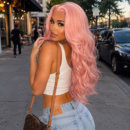 Wigaga 28 Inch Ombre Body Wave Wig, 13x4x1 HD Lace Glueless T-Part Lace Front Synthetic Wig for Women, Pre-Plucked Natural Hairline with Baby Hair, 200% Density, Soft Lightweight Heat-Resistant Premium Fiber, Middle Part Free Small Wavy