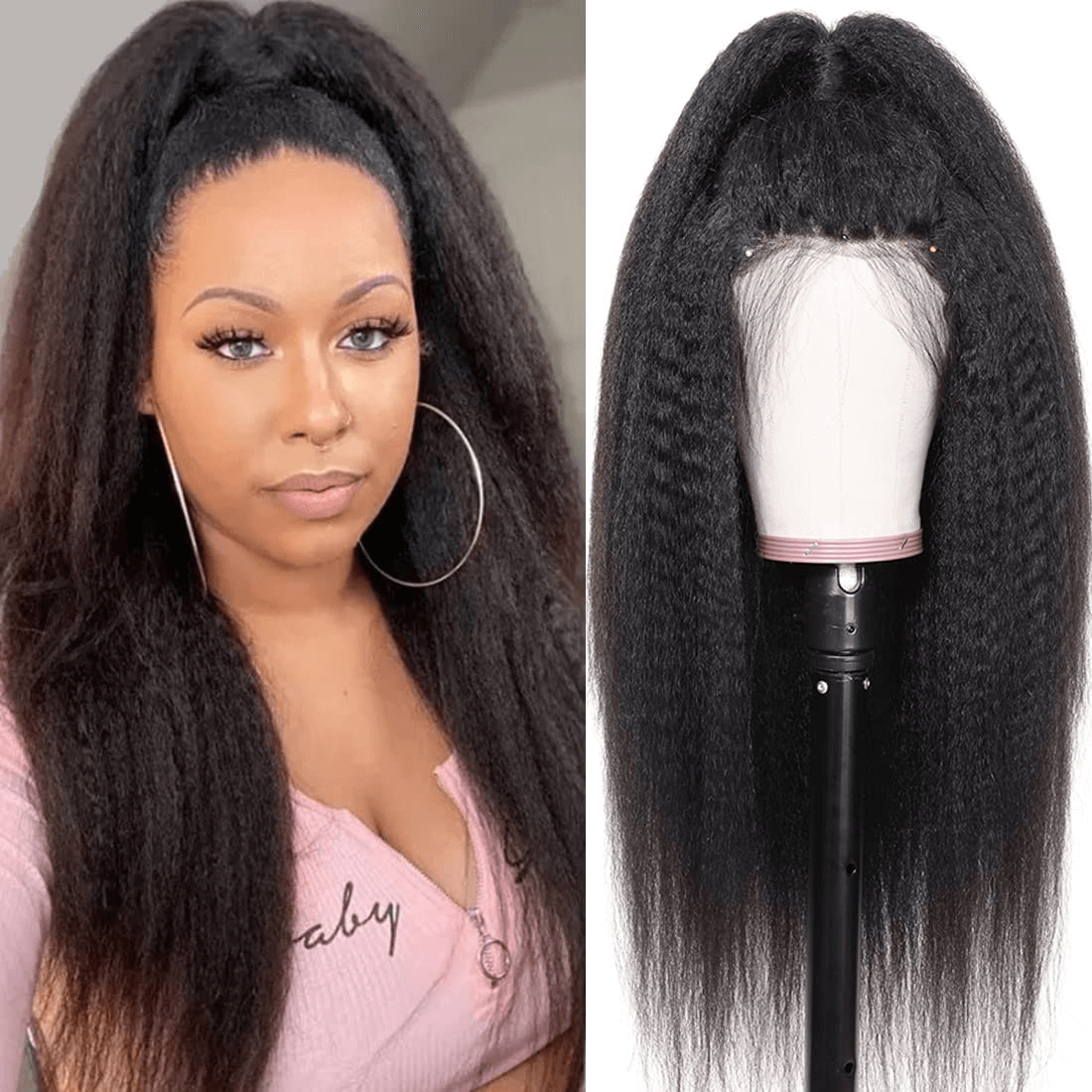 Wesface Full Lace Frontal Wig Kinky Straight Lace Front Wig Human Hair Pre Plucked 180 Density Yaki Straight Transparent Lace Wig 12A Brazilian Virgin Human Hair Wigs for Black Women