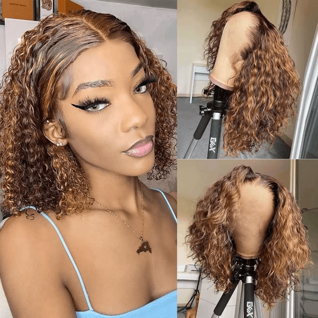 Wesface Highlight Bob Wig Honey Blonde 13x4 Transparent Lace Front Wig Human Hair Short Curly Bob Wigs Pre Plucked With Baby Hair Deep Wave Lace Front Wig 180% Density Super Soft P4/27 Color