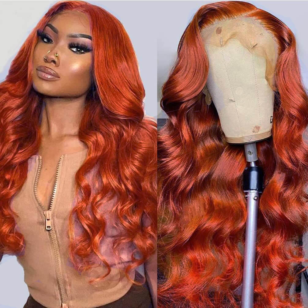 Wesface Wigs 13X4 Orange Ginger Lace Front Wigs Pre Plucked Body Wave Wig Brazilian Colored Virgin Wigs for Black Women Invisible Transparent Lace Frontal Wigs Human Hair 180% Density
