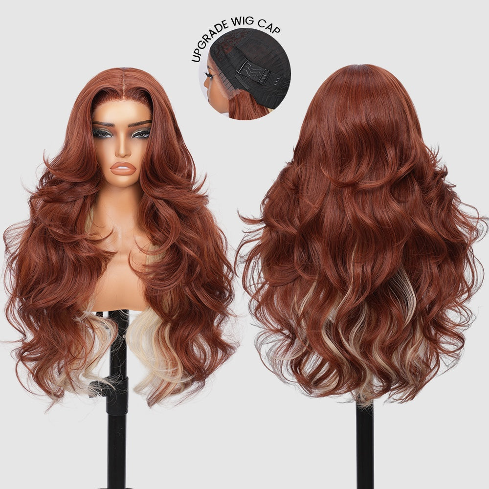 Wigaga 28 Inch Copper Blonde Body Wave Wig, 13x4x1 HD Lace Glueless T-Part Lace Front Synthetic Wig for Women, Pre-Plucked Natural Hairline with Baby Hair, Soft Lightweight Heat-Resistant Premium Fiber, Middle Part Free Small Wavy, 200% Density