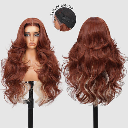 Wigaga 28 Inch Copper Blonde Body Wave Wig, 13x4x1 HD Lace Glueless T-Part Lace Front Synthetic Wig for Women, Pre-Plucked Natural Hairline with Baby Hair, Soft Lightweight Heat-Resistant Premium Fiber, Middle Part Free Small Wavy, 200% Density