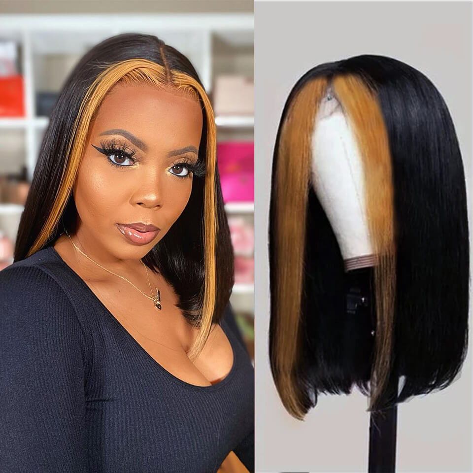 Wesface Wigs Faceframing Highlight Bob Wig 13x4 Transparent Lace Bob Wig Lace Front Human Hair Highlight Black Middle Part Bob Wigs Ombre Honey Blonde Straight Lace Front Bob Wigs for Women