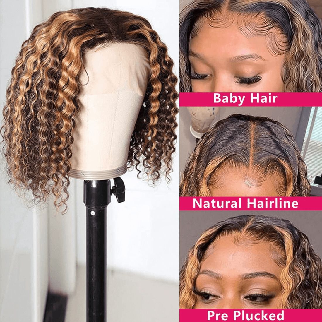 Wesface Highlight Bob Wig Honey Blonde 13x4 Transparent Lace Front Wig Human Hair Short Curly Bob Wigs Pre Plucked With Baby Hair Deep Wave Lace Front Wig 180% Density Super Soft P4/27 Color