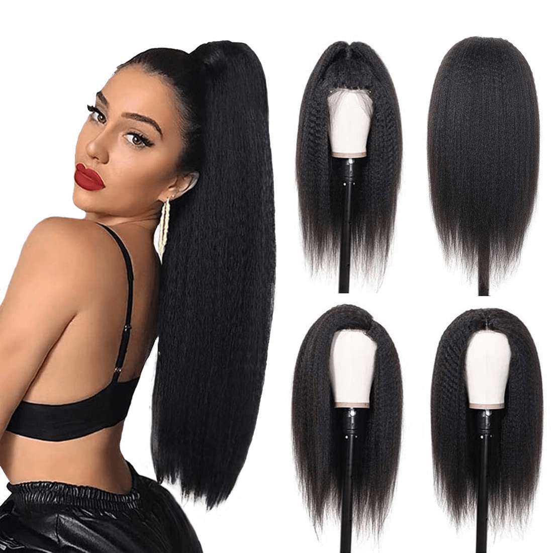 Wesface Full Lace Frontal Wig Kinky Straight Lace Front Wig Human Hair Pre Plucked 180 Density Yaki Straight Transparent Lace Wig 12A Brazilian Virgin Human Hair Wigs for Black Women