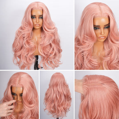Wigaga 28 Inch Pink Body Wave Wig, 13x4x1 HD Lace Glueless T-Part Lace Front Synthetic Wig for Women, Pre-Plucked Natural Hairline with Baby Hair, 200% Density, Soft Lightweight Heat-Resistant Premium Fiber