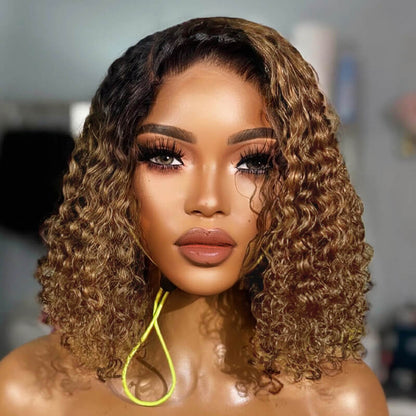 Wesface Ombre Lace Closure Wig Human Hair Short Curly Bob Brown Ombre Glueless Wigs Human Hair Pre Plucked With Baby Hair for Black Women 4x4 Lace Closure Brazilian Virgin Hair Dark Roots Wig
