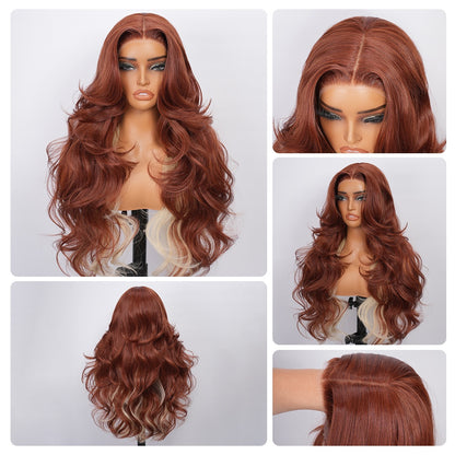 Wigaga 28 Inch Copper Blonde Body Wave Wig, 13x4x1 HD Lace Glueless T-Part Lace Front Synthetic Wig for Women, Pre-Plucked Natural Hairline with Baby Hair, Soft Lightweight Heat-Resistant Premium Fiber, Middle Part Free Small Wavy, 200% Density