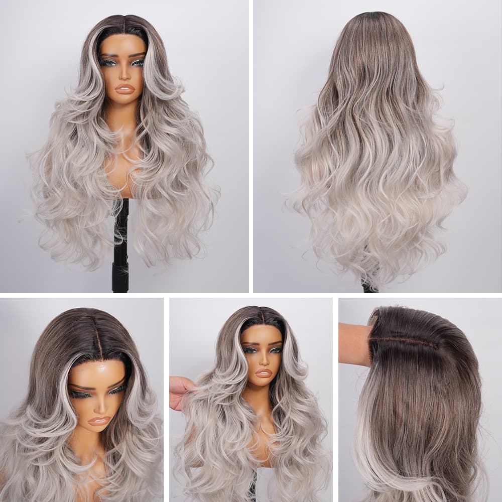Wigaga 28 Inch Ombre Body Wave Wig, 13x4x1 HD Lace Glueless T-Part Lace Front Synthetic Wig for Women, Pre-Plucked Natural Hairline with Baby Hair, 200% Density, Soft Lightweight Heat-Resistant Premium Fiber, Middle Part Free Small Wavy
