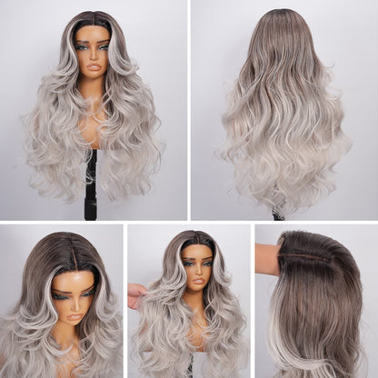 Wigaga 28 Inch Ombre Body Wave Wig, 13x4x1 HD Lace Glueless T-Part Lace Front Synthetic Wig for Women, Pre-Plucked Natural Hairline with Baby Hair, 200% Density, Soft Lightweight Heat-Resistant Premium Fiber, Middle Part Free Small Wavy