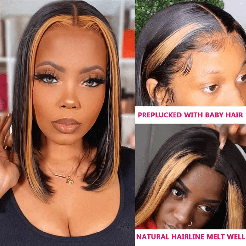 Wesface Wigs Faceframing Highlight Bob Wig 13x4 Transparent Lace Bob Wig Lace Front Human Hair Highlight Black Middle Part Bob Wigs Ombre Honey Blonde Straight Lace Front Bob Wigs for Women