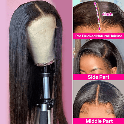 Wesface Wigs Glueless Lace Closure Wigs Human Hair Pre Plucked Bleached Knots with Baby Hair 180 Density 4x4 Straight Lace Closure Wigs for Black Women Natural Black Color