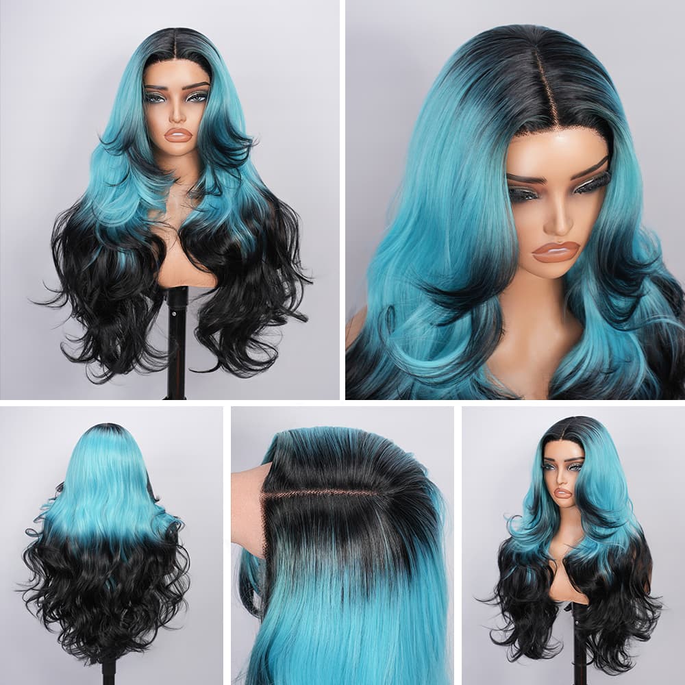 Wigaga 28 Inch Ombre Teal Black Body Wave Wig, 13x4x1 HD Lace Glueless T-Part Lace Front Synthetic Wig for Women, Pre-Plucked Natural Hairline with Baby Hair, 200% Density, Soft Lightweight Heat-Resistant Premium Fiber