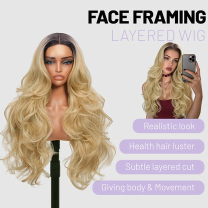 Wigaga 28 inch Ombre Flaxen Blonde Body Wave Wig, 13x4x1 HD Lace Glueless T-Part Lace Front Synthetic Wig for Women, Pre-Plucked Natural Hairline with Baby Hair, 200% Density Soft Lightweight Heat-Resistant Premium Fiber, Middle Part