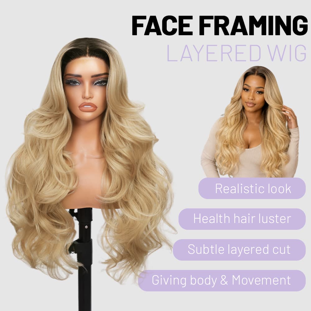Wigaga 28 inch Cookie Ombre Body Wave Wig , 13x4x1 HD Lace Glueless T-Part Lace Front Synthetic Wig for Women, Pre-Plucked Natural Hairline with Baby Hair, 200% Density Soft Lightweight Heat-Resistant Premium Fiber, Middle Part Small Wavy