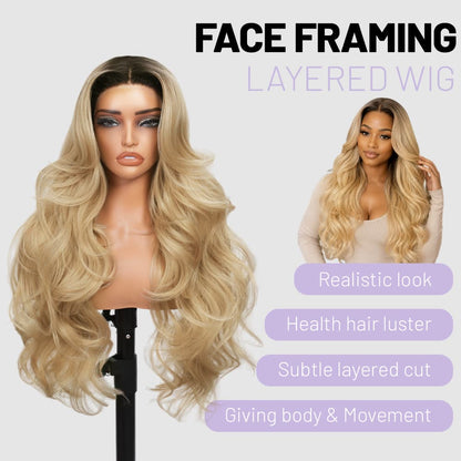 Wigaga 28 inch Cookie Ombre Body Wave Wig , 13x4x1 HD Lace Glueless T-Part Lace Front Synthetic Wig for Women, Pre-Plucked Natural Hairline with Baby Hair, 200% Density Soft Lightweight Heat-Resistant Premium Fiber, Middle Part Small Wavy
