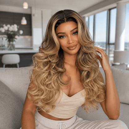 Wigaga 28 Inch Ombre Brown Body Wave Wig, 13x4x1 HD Lace Glueless T-Part Lace Front Synthetic Wigs for Women, Pre-Plucked Hairline with Baby Hair, Soft Lightweight Heat-Resistant Premium Fiber, Middle Part Free Small Wavy, 200% Density