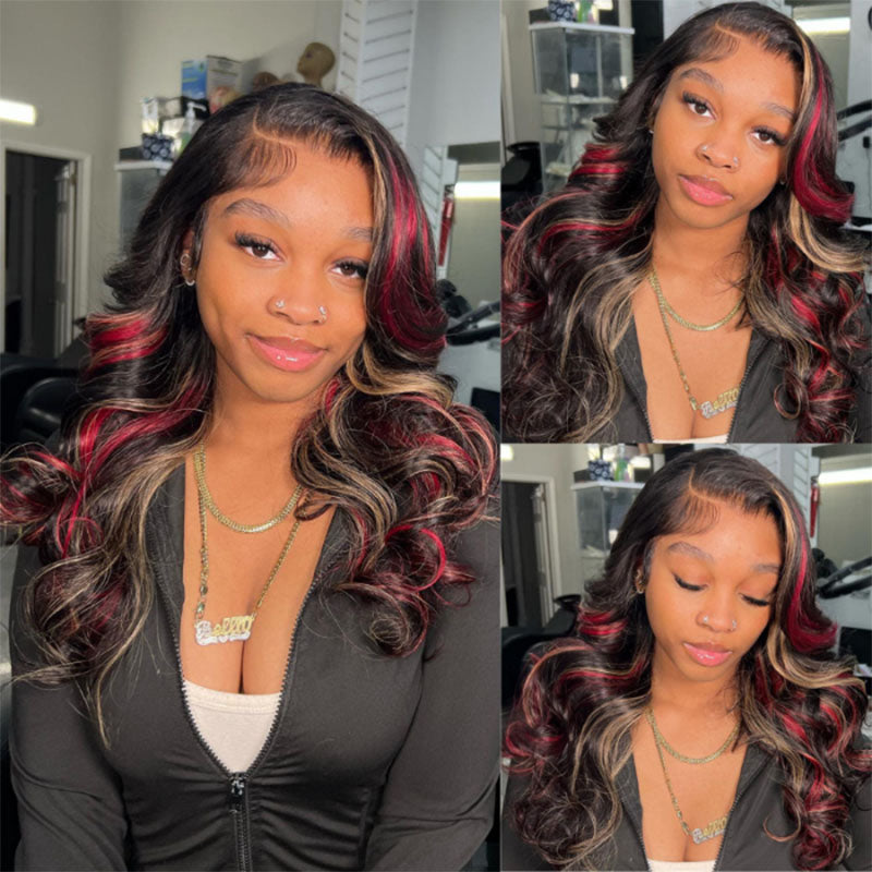 Flash Sale Black With Red Blonde Highlights Human Hair Wigs Glueless Frontal Wig Wesface Wigs