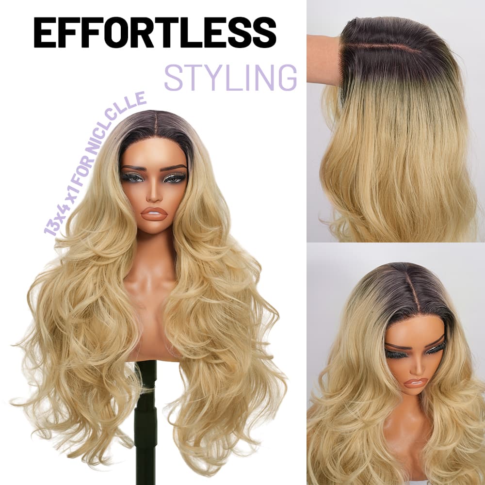 Wigaga 28 inch Ombre Flaxen Blonde Body Wave Wig, 13x4x1 HD Lace Glueless T-Part Lace Front Synthetic Wig for Women, Pre-Plucked Natural Hairline with Baby Hair, 200% Density Soft Lightweight Heat-Resistant Premium Fiber, Middle Part