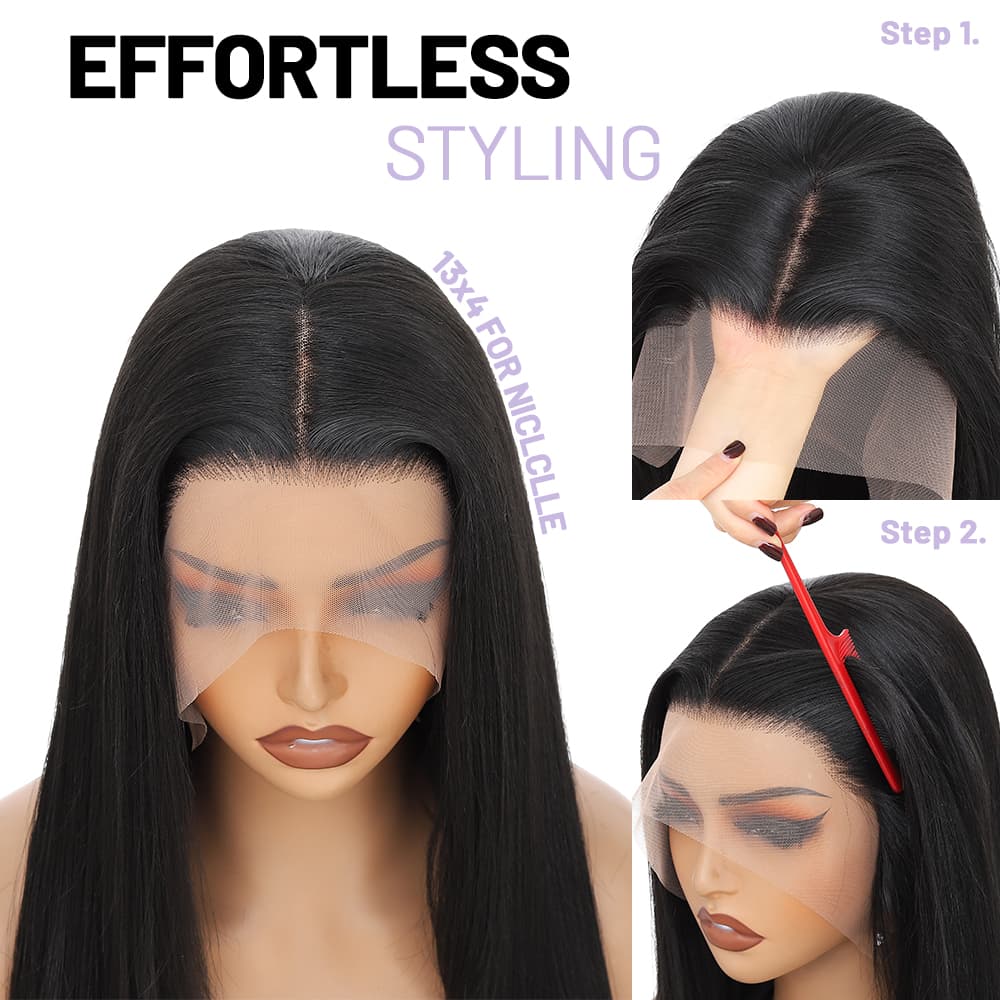 Wigaga Glueless 13x4 HD Lace Front Wig, 36 Inch Long Straight Synthetic Wig for Women, Middle Part Lace Wigs with Pre-Plucked Natural Hairline and Baby Hair, 200% Density Soft Lightweight Heat Resistant Fiber